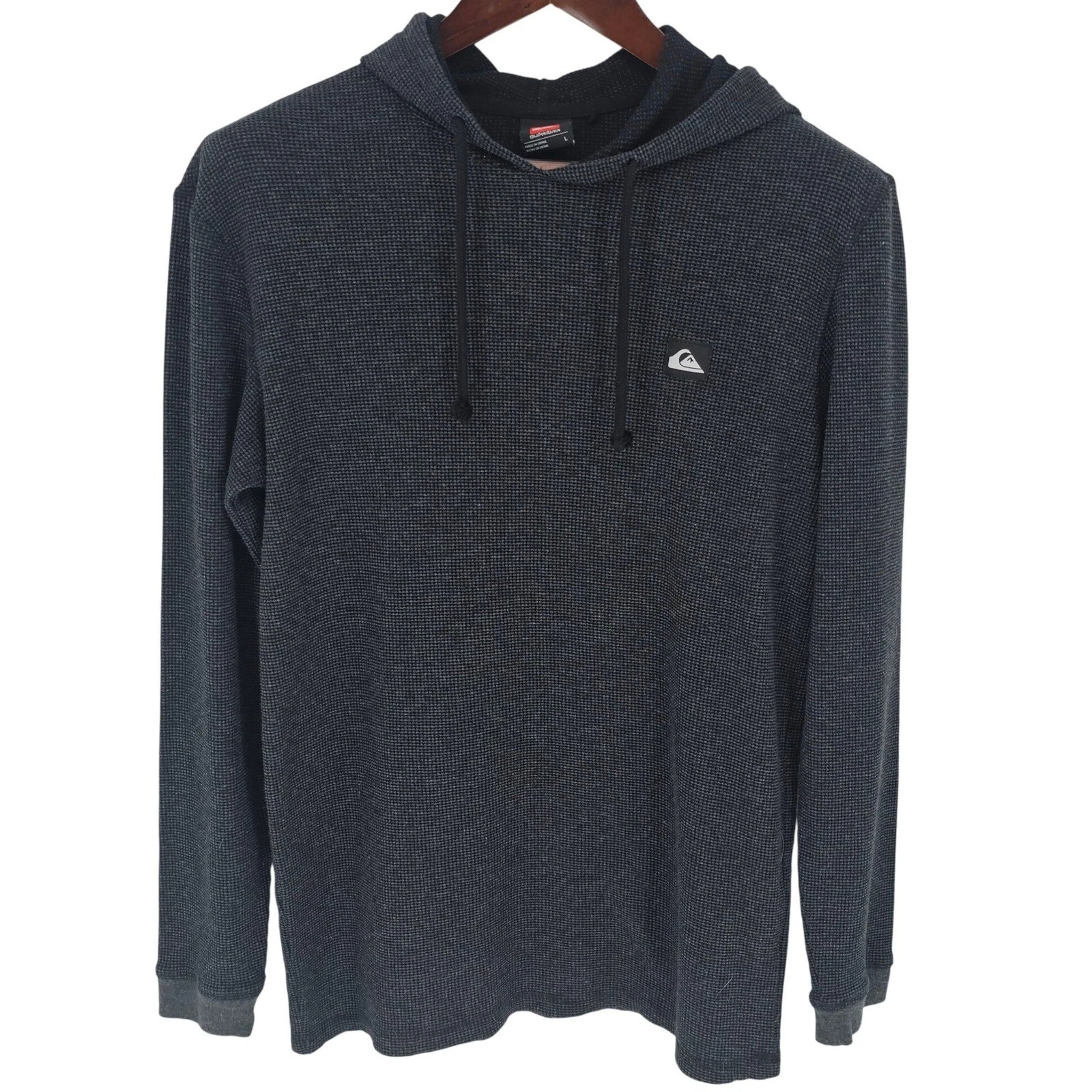 Quiksilver Waffle Knit Hoodie Mens Large Black Fade LS Thermal Pullover
