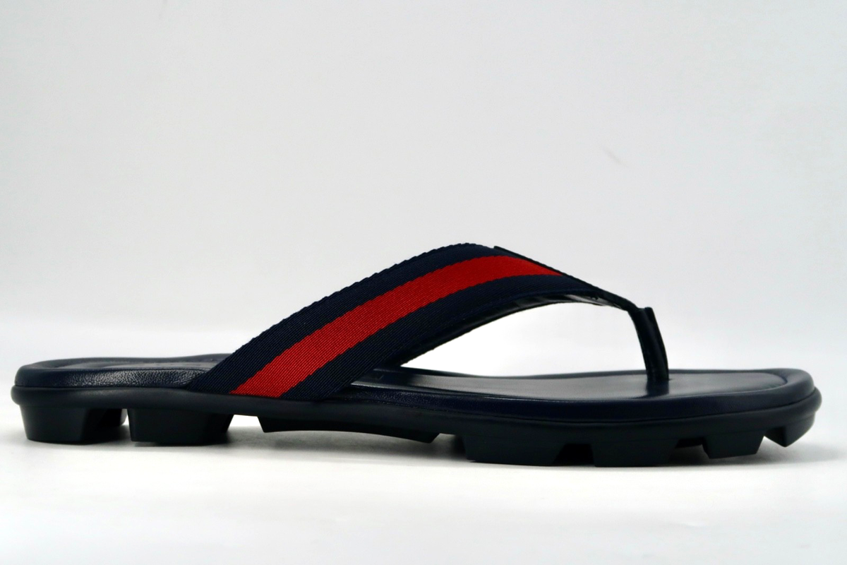 GUCCI Thong Web Dark Blue Leather Men's Sandal 429362 Size 8 G