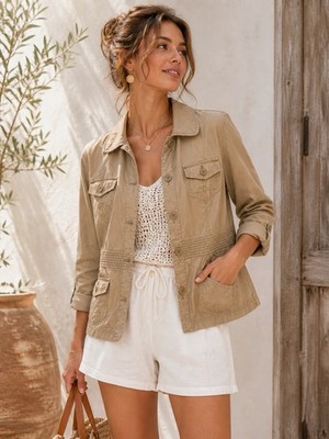 LOFT Khaki Utility Jacket Safari Style Cotton Button Front Jacket Women's Size12