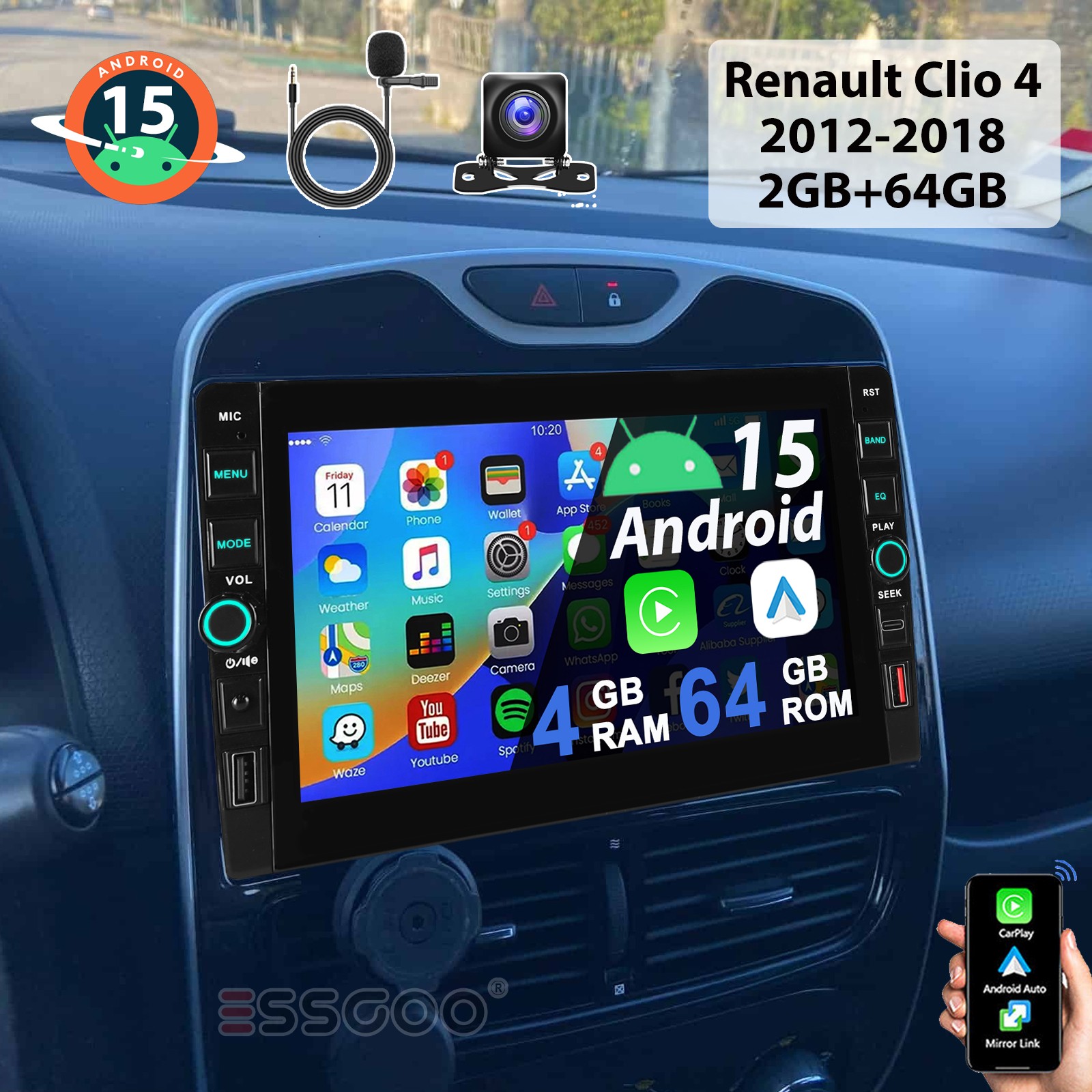 Radio de coche para Renault Clio 4 2012-2019 Android15 CarPlay GPS NAVI RDS SWC 4+64GB