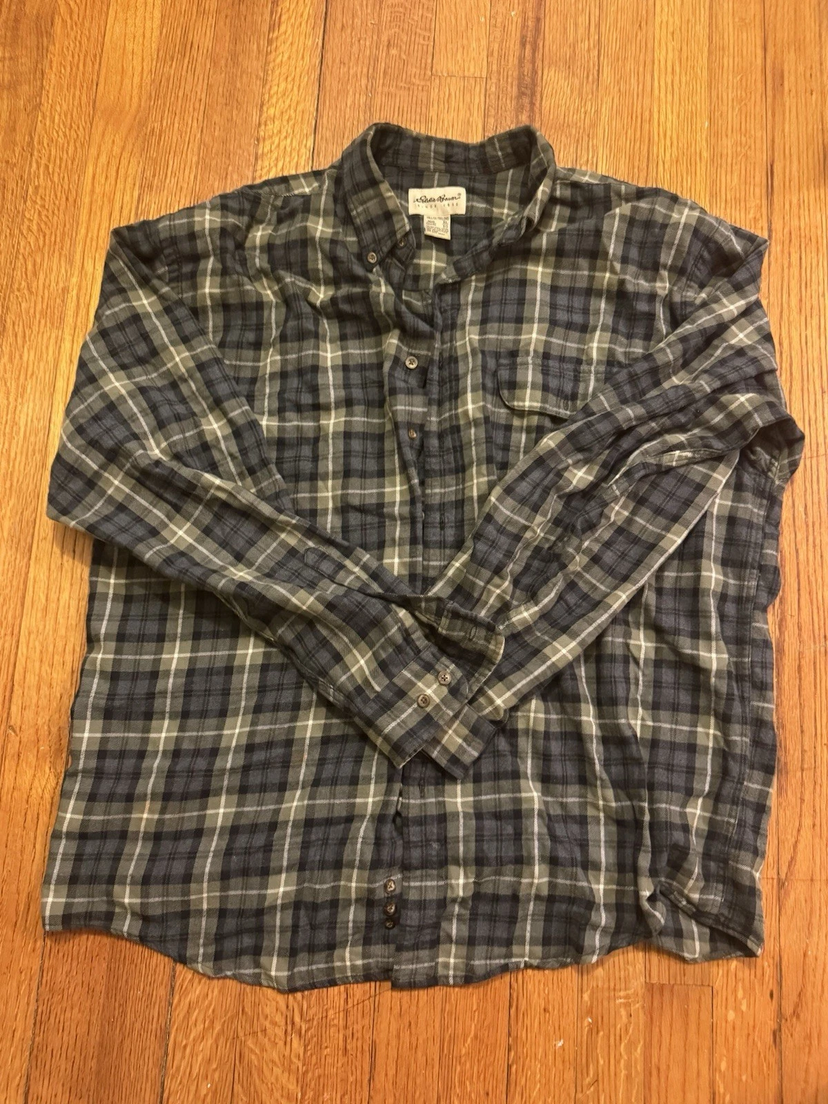 Vtg Eddie Bauer Flannel Shirt Mens XL Green Plaid Button-Down Long Sleeve Cotton