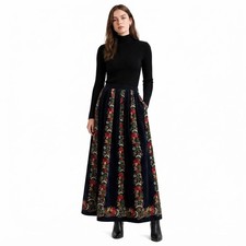 Vintage 80s Herman Geist Black Floral Corduroy A-Line Peasant Maxi Skirt 12