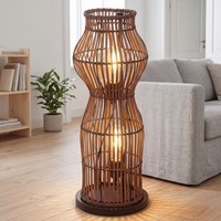 Stehlampe Bambus Wohnzimmer Metall Schwarz E27 H:60 Cm Boho Stehleuchte Modern