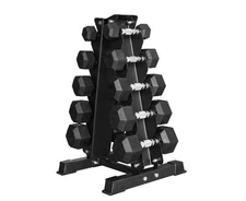 BalanceFrom 150LB Coated Hex Dumbbell Weight Set and A-Frame Storage Rack, 5-25