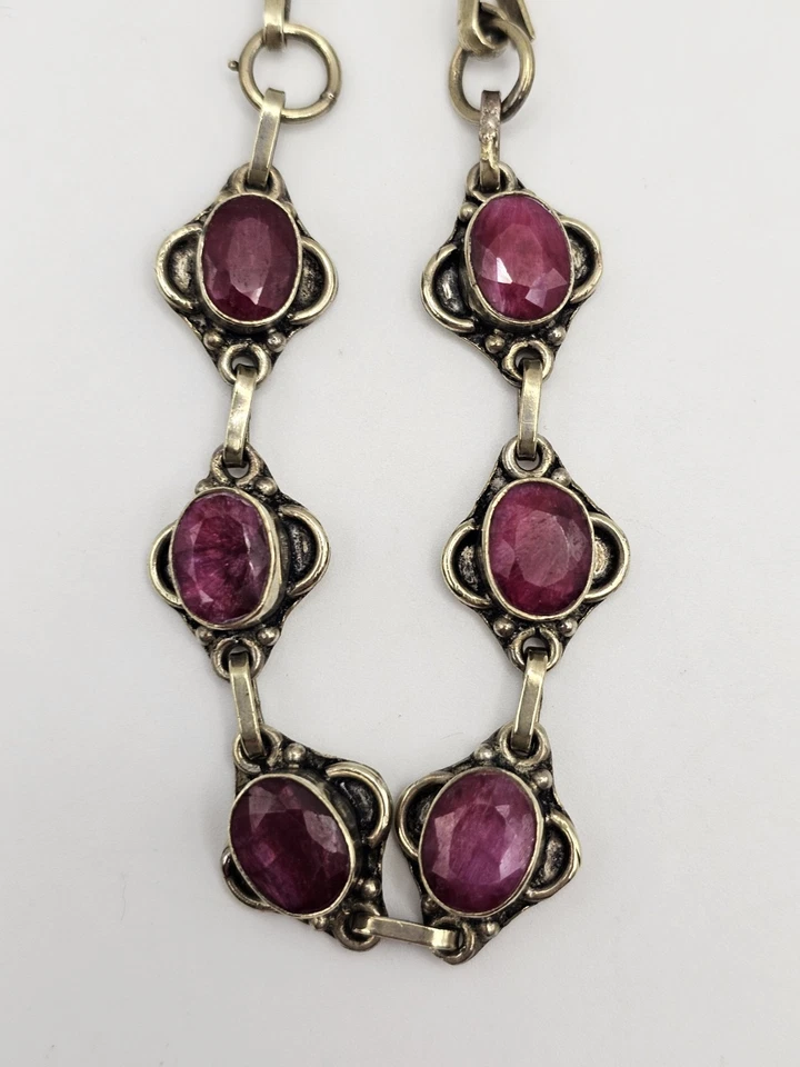 Vintage Natural Ruby Gold Sterling Silver Link Bracelet Native Art Deco - Image 2 of 4