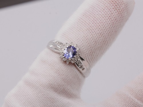 9ct Oro Blanco Natural Tanzanita y Diamante Tamaño L Británico Hecho GB Anillo - Imagen 4 de 10
