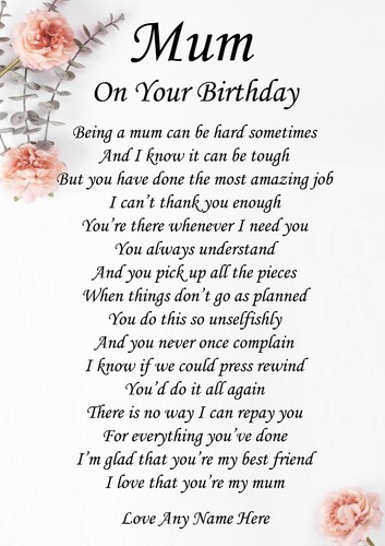 Personalised Mum On your Birthday Poem Ideal Birthday Laminated Gift K7