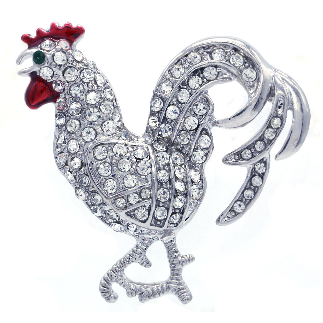 Chicken Rooster Hen Animal Brooch Pin Clear Crystal Stones Red Enamel Fashion C1