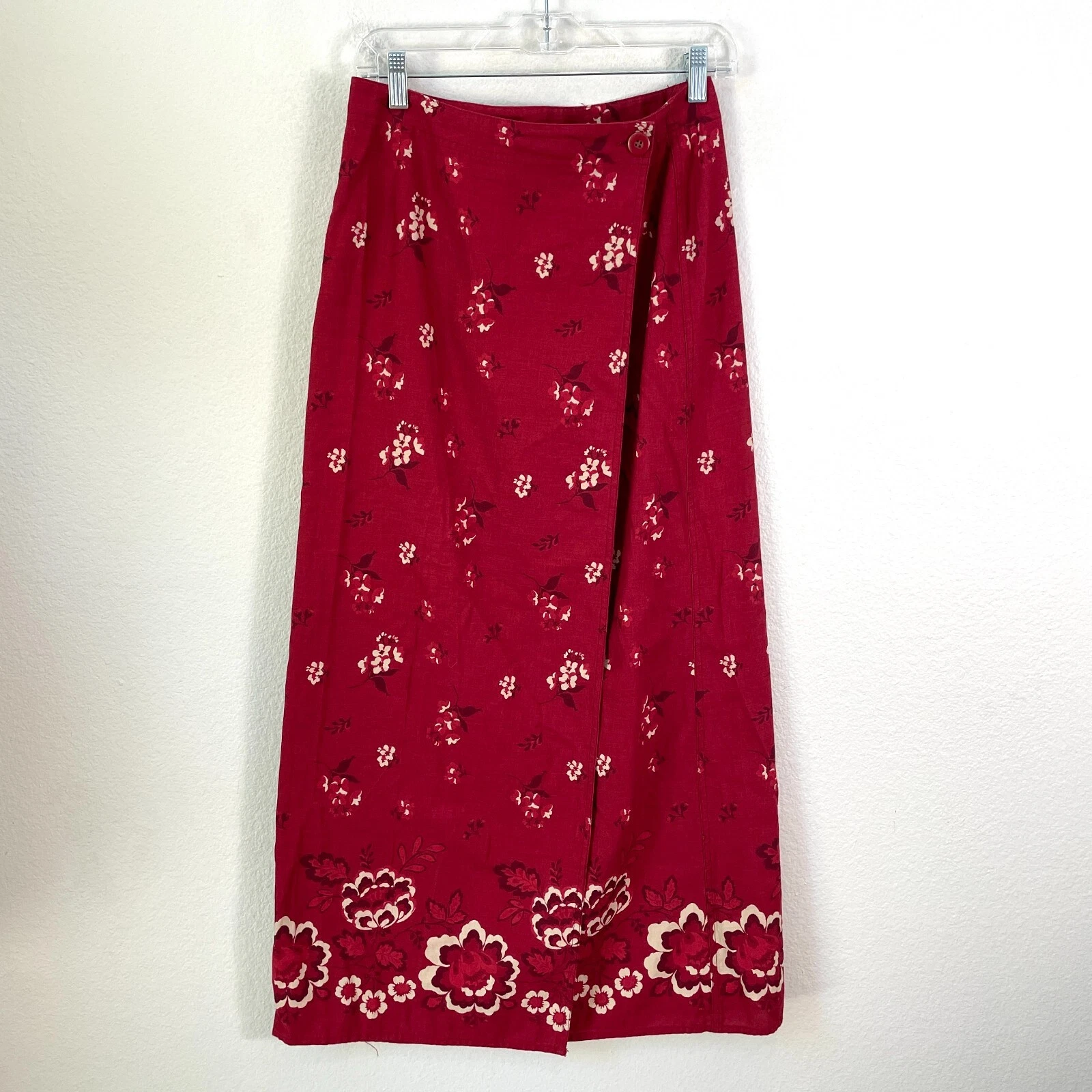 Eddie Bauer Womens 6 Red Floral Linen Cotton Maxi Wrap Skirt