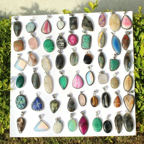 Exclusive !! Agate & Mix Gemstone 925 Sterling Silver Plated 25 PCs Pendants Lot - product listing photo