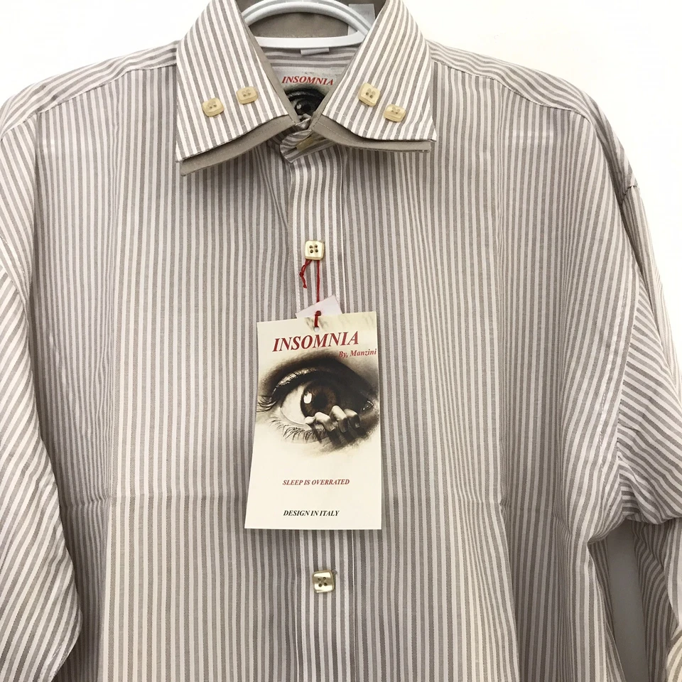 Camisa Manzini Insomnia Para Hombres L Beige Clásica a Rayas Cuello en Capas Botón Foto 2 de 4