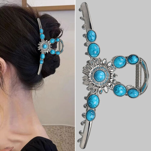 Artificial Turquoise Blue Stone Hair Claw Clip Metal Hair Clip for Thick Hair