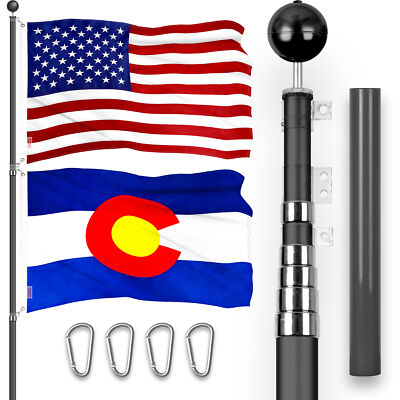 25 Ft Telescoping Flagpole Black & American and Colorado Flags Emb 300D 3x5Ft