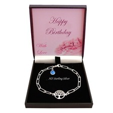 925 Silver Charm Bracelet with Birthstone Charm & Tree of Life, Paperclip Chain