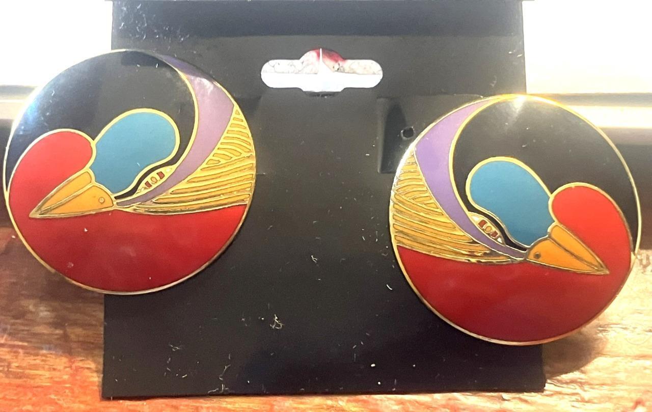 Vintage Pair  Laurel Burch Round Enamel Clip Earrings Harlequin Birds