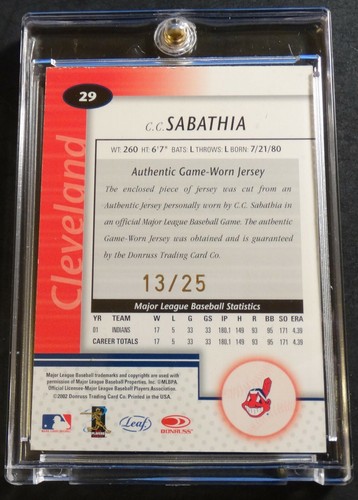 2002 C.C. SABATHIA LEAF CERTIFIED MIRROR GOLD JERSEY CHUNK #13/25 INDIANS (804) - Picture 2 of 2