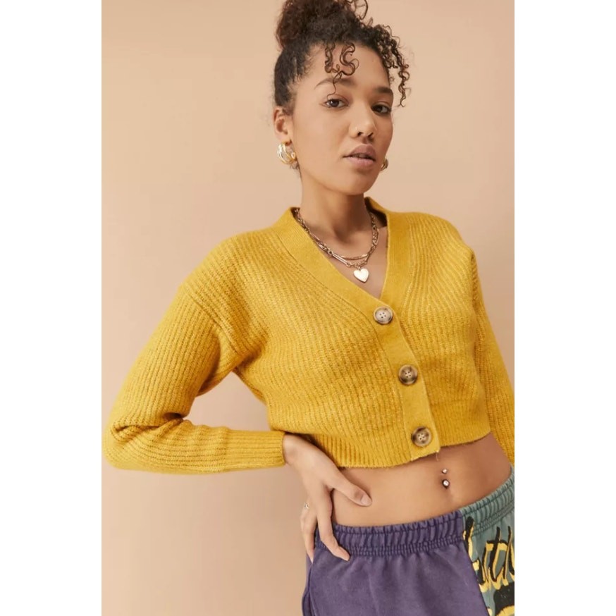 Urban Outfitters Hayley Yellow Button-Front Cropped Cardigan