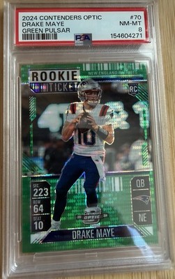 2024 Drake Maye Contenders Optic Rookie Ticket #70 Green Pulsar Prizm /49 PSA 8
