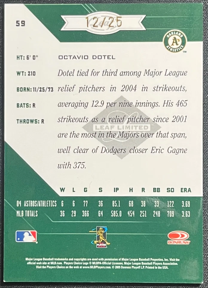2005 LEAF LIMTED OCTAVIO DOTEL ORANGE FOIL AUTOGRAPH #12/25 ATHLETICS - Image 2 of 2