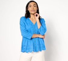 Susan Graver Women's Top Plus Sz Sweater 3X PURE Embroidered Cotton Blue A638786