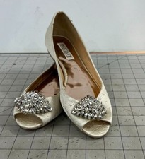 Badgley Mischka Ivory Satin Embellished Flats Peep Toe Sz. 6.5 Leather Sole 