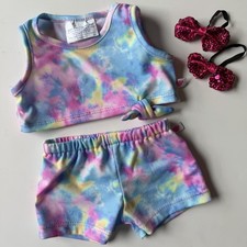 Build a Bear BAB Tie Dye Outfit Shirt Shorts Set Rainbow Pastel Bright with Bows