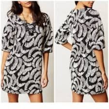 Anthropologie Maeve Puff Sleeve Tribal Textured Shift Mini dress black and white
