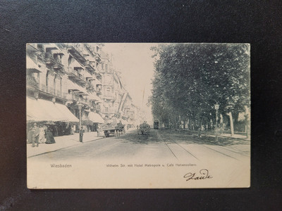 Postcard Wiesbaden Wilhelmstraße street view hotel metropolis used 1903 (T5)