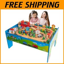 Wooden Train Table Set for Kids