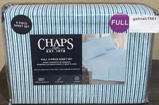 CHAPS by Ralph Lauren 6pc Full Sheet Set w/4 Pillowcases White/Blue/Green Stripe