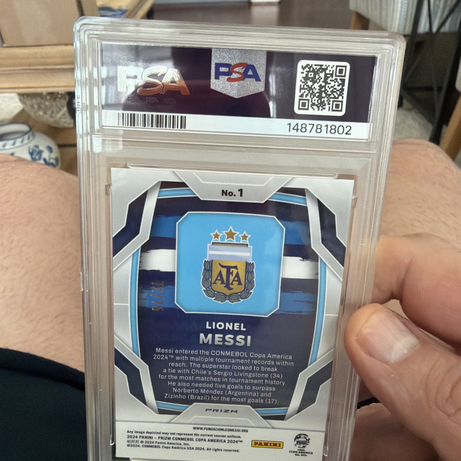 24 Panini Prizm CONMEBOL Copa America - Lionel Messi #1 Blue Pulsar /75🔥📈PSA 9 view 5