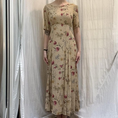#ad Tan Floral Maxi Dress Empire Waist Vintage 90s Boho Prairie Express Medium $22.00