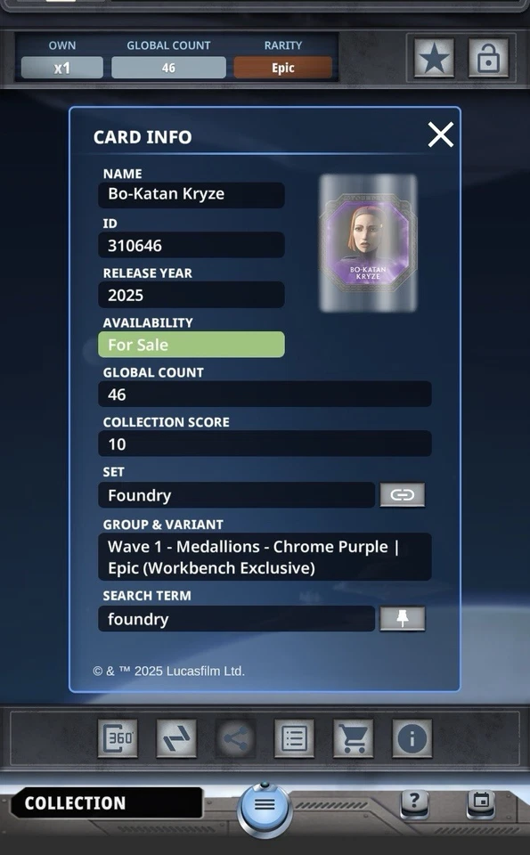 Star Wars Card Trader Foundry 2025 Bo-Katan Kryze Medallion Purple Epic - Image 2 of 2