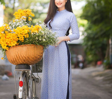 Blue Vietnamese Traditional Ao Dai Floral Long Dress Brand New, Size S, NO PANTS