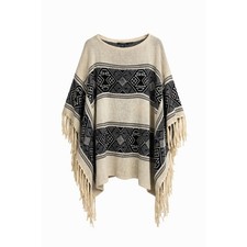 Lauren Ralph Lauren Aztec Print Fringe Knit Poncho Cream L XL Southwestern