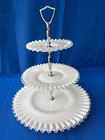 Vintage Fenton Milk Glass 14.5 Inches Tall Silver Crest 3 Tier Tidbit Tray