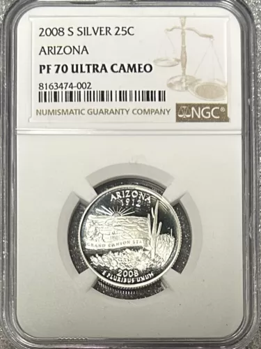 2008 S Silver Arizona State Statehood Quarter 25C NGC PF70 Ultra Cameo