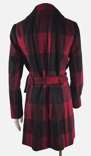 Banana Republic Black Red Buffalo Plaid Wool Trench Peacoat Belted Jacket Medium - Picture 2 of 4