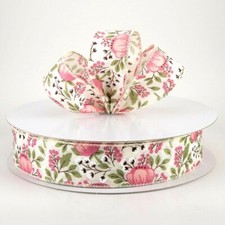 Pink Peonies Berries 1.5" by 5 yd Wired Ribbon Sage Green Leaves on Ivory