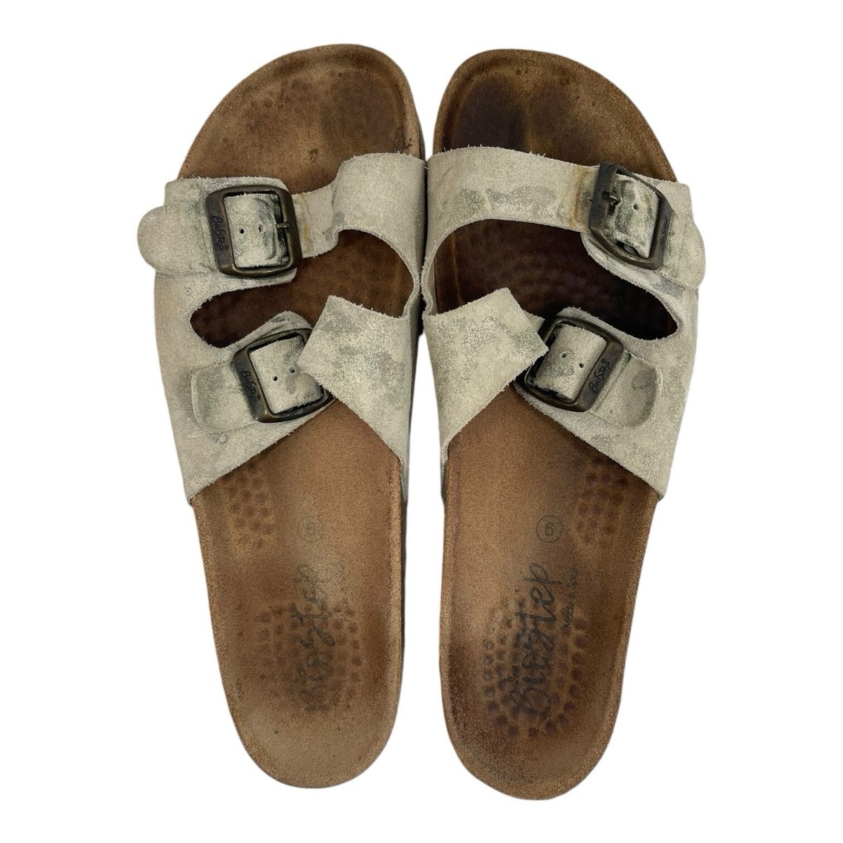BIOSTEP Womens Suede Leather Slides Sandals Double Buckle Flats Summer  TAUPE