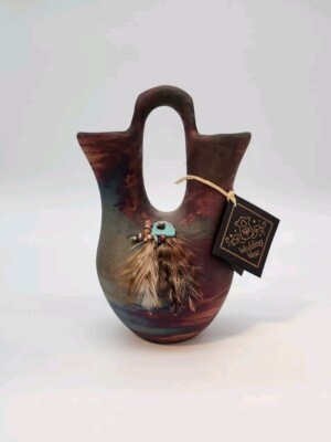 Jeremy Diller Iridescent Genuine Raku Vessel w/Feathers, Stones Wedding Vase NWT
