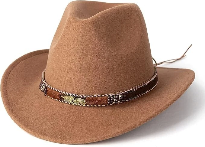 Sombrero de Vaquera Occidental Marrón Claro – Banda Trenzada Pluma Dorada, Fieltro, Hombres Mujeres Foto 4 de 4
