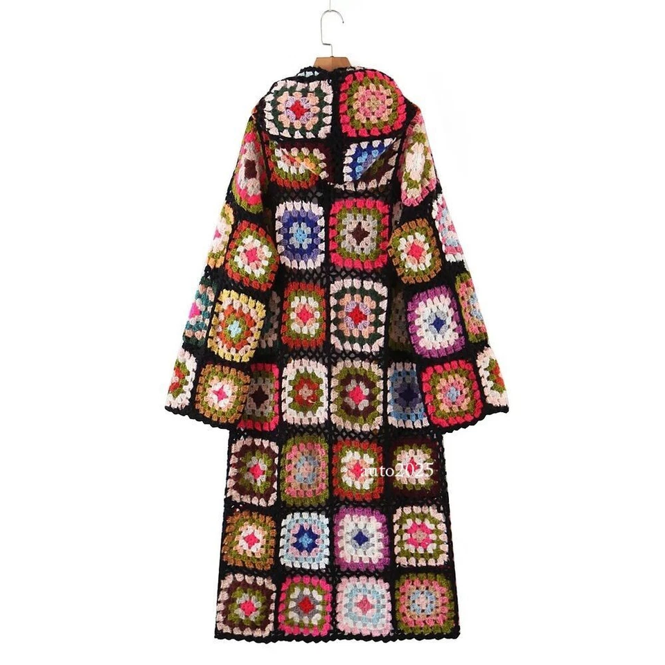 Womens Crochet Granny Square Handmade Cardigan Knit Long Rainbow Hooded Cardigan - Image 4 of 4