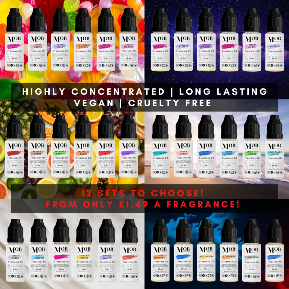 MOMENTS OF BLISS COSMETICS 6 x 10ml Sets Luxury Fragrance Oil Candle Soap Bath Bombs Diffuser Wax Melts