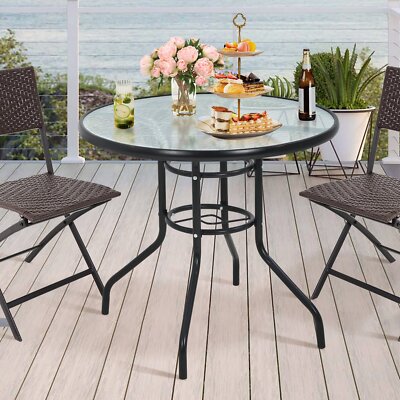 Umbrella Hole Round Glass Top Outdoor Table Outdoor Round Patio