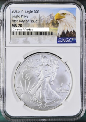 #ad 2025 p silver eagle with eagle privy ngc ms70 first day of issue mtn in hand $136.79