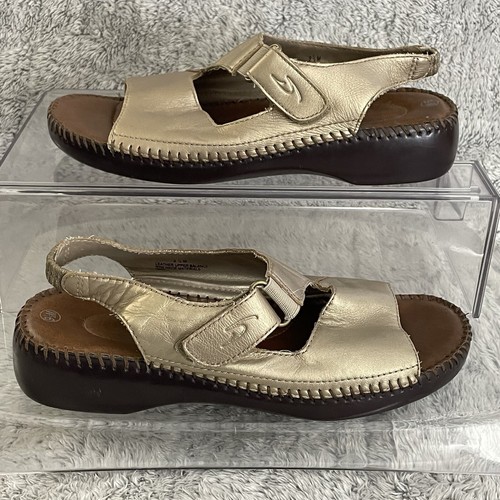 Dr Scholls Sandals 9.5 Womens Gold Leather Comfort Low Wedge Adjustable Nina - Picture 2 of 20