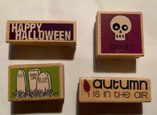 Set of 4 Wood Mounted Halloween Autumn R.I.P SPOOKY Rubber STAMPS NEW