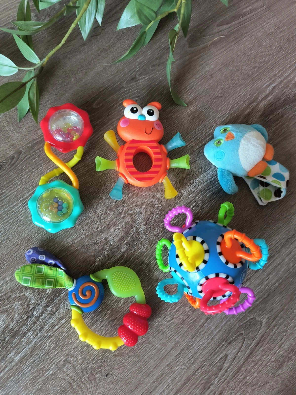 Lot Of Baby Toys 5 Rattles, Click Clack Ball, Teether, Wrist Plush Rattle Owl