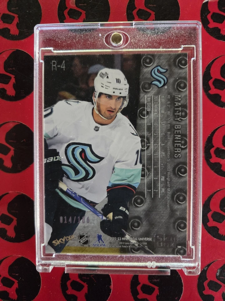 2022-23 Matty Beniers Red PMG /100 Metal Universe Skybox Rookie #R-4 Seattle  RC - Image 2 of 2